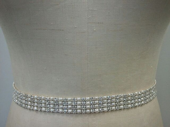 Hochzeit - Wedding Belt, Bridal Belt, Bridesmaids -4 rows of Ivory/Off White Pearl & Crystal Rhinestone Belt - Style B162