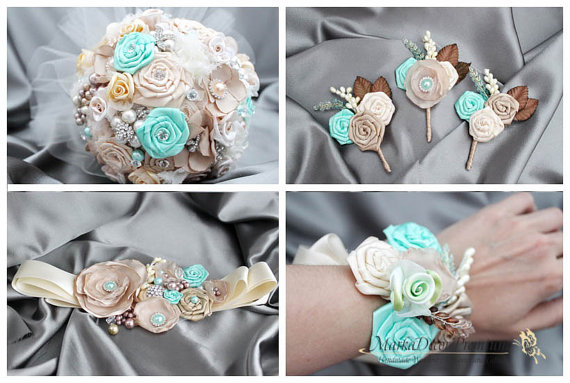 زفاف - Set of 6 Wedding Brooch Bouquet Lace Bridal Custom Bouquet Beaded Sash/ Custom Belt + 3 Groom Father Boutonniere Corsages + Bracelet Cuff