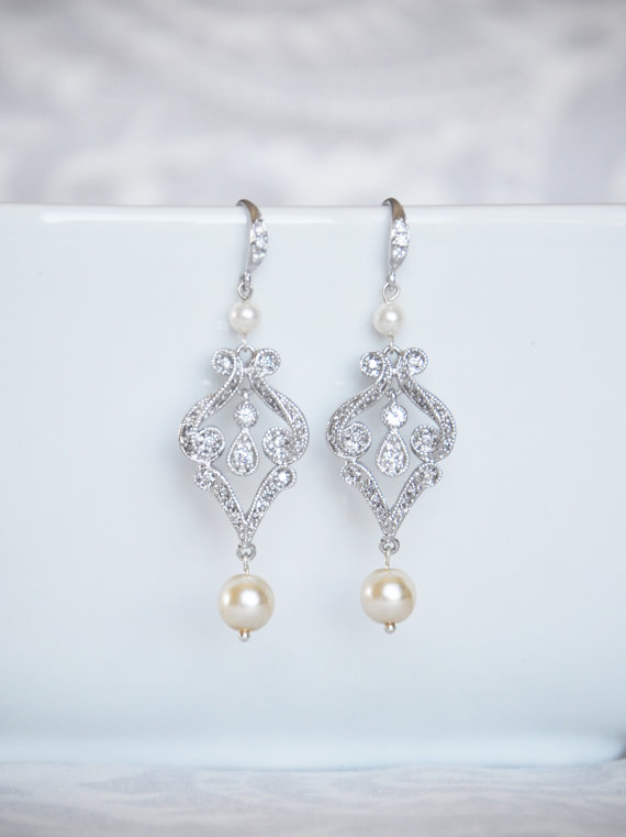 Свадьба - Crystal and Pearl Bridal Earrings, Bridal Earrings Pave Rhinestone and Pearl Scroll Earrings, Bridal Jewelry - 100E