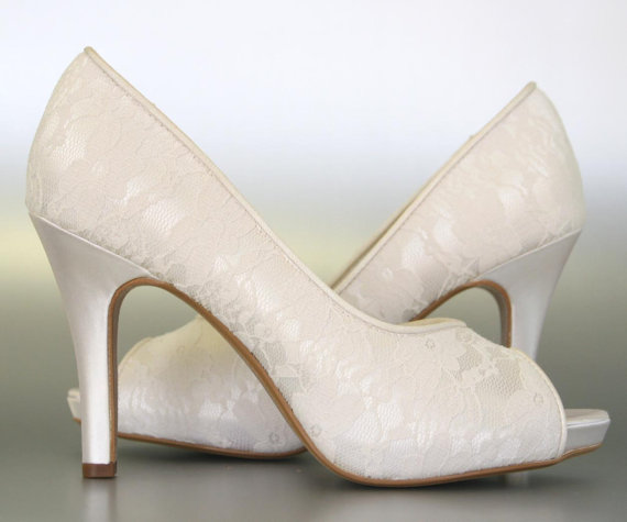 Wedding - Wedding Shoes -- Ivory Peep Toe Wedding Shoes with Lace Overlay - CHOOSE YOUR COLOR