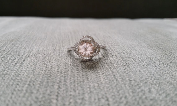 زفاف - Halo Morganite Diamond Ring Peach Gemstone Engagement Ring Custom Round Double Halo Setting 14K White Gold size
