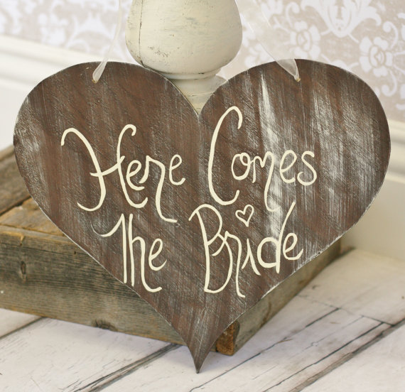 Hochzeit - Here Comes The Bride Sign Hand Painted Wedding Photo Prop (item P10474)