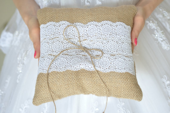 Wedding - Burlap Ring Pillow  Burlap Bearer Pillow Ring Cushion with Lace Ring pillow Woodland / Rustic / Cottage style Weddings