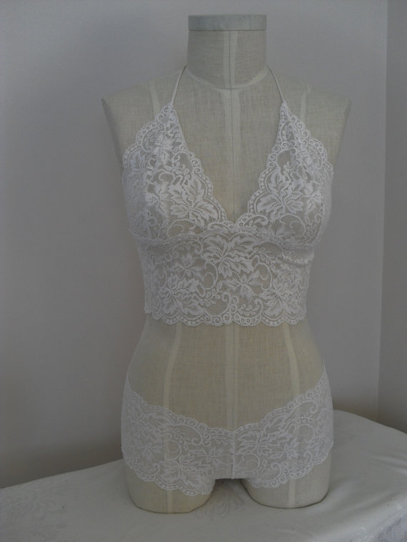 Mariage - Bralette Fitted Cami in White Stretch Lace with Matching Boy Short Style Panties