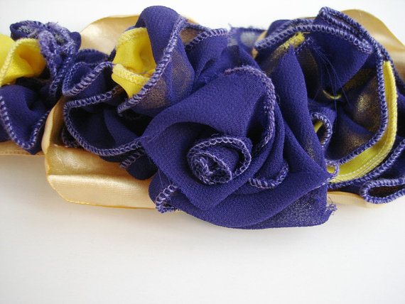 Wedding - Metalic gold and Iris Purple Floral flowers in bright yellow  long sash wedding ribbon belt