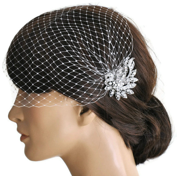 Hochzeit - birdcage veil and a bridal comb (2 Items) -  Wedding comb,bridal headpieces ,Bandeau style veil , rhinestone bridal Hair comb