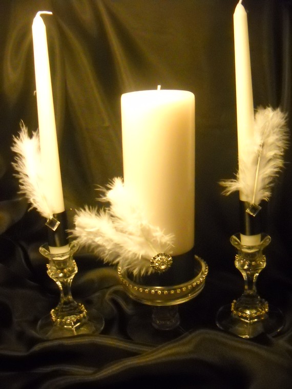 زفاف - Feather Rhinestone Unity Candle set ...................50% off sale