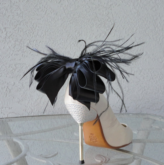 Wedding - Bridal Party Wedding Black Satin Ribbon Bow And Feather Shoe Clips Set Of Two