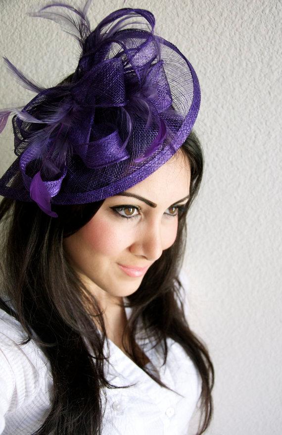 زفاف - Purple Fascinator - "Penny" Mesh Hat Fascinator with Mesh Ribbons and Purple Feathers