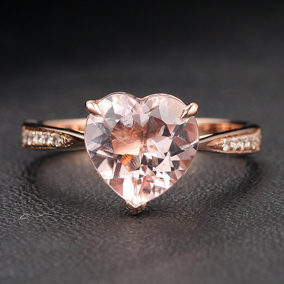 زفاف - VS 8mm Heart Shaped Morganite Diamonds 14K Rose Gold Claw Prongs Engagement Ring