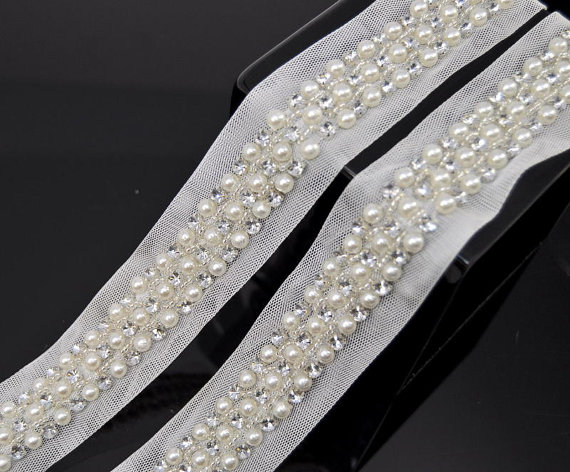 Hochzeit - 1 yard off white Pearl and Crystal trim, pearl trim, for Bridal, Headband, Bridal Applique, Sash Applique, bouquet handle, DIY