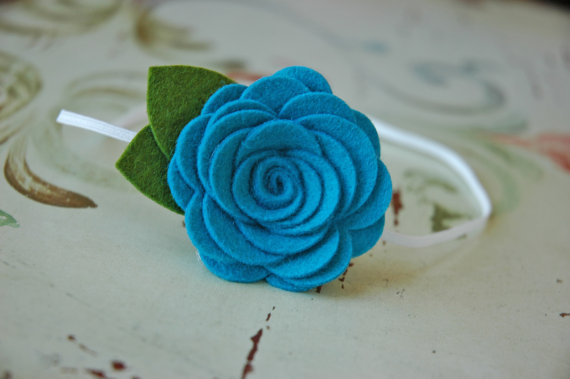 Mariage - Wool Felt Flower Headband - Baby Flower Head Bands -  Large Felt Roses In Turquoise - Skinny Elastic Photography Prop