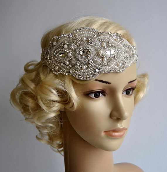 زفاف - Glamour Pearls Rhinestone flapper Gatsby Headband, Wedding Headband, Crystal Headband, Wedding Headpiece, Bridal Headpiece, 1920s Flapper