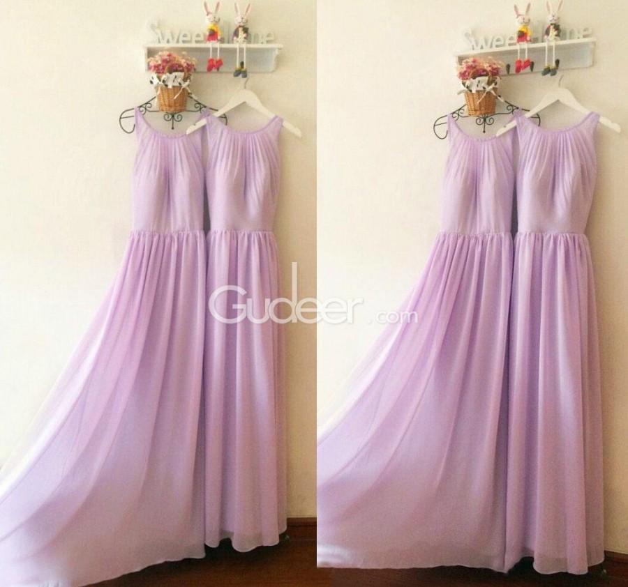 Wedding - Lilac Bateau Neck Long Pleated Chiffon Bridesmaid Dress