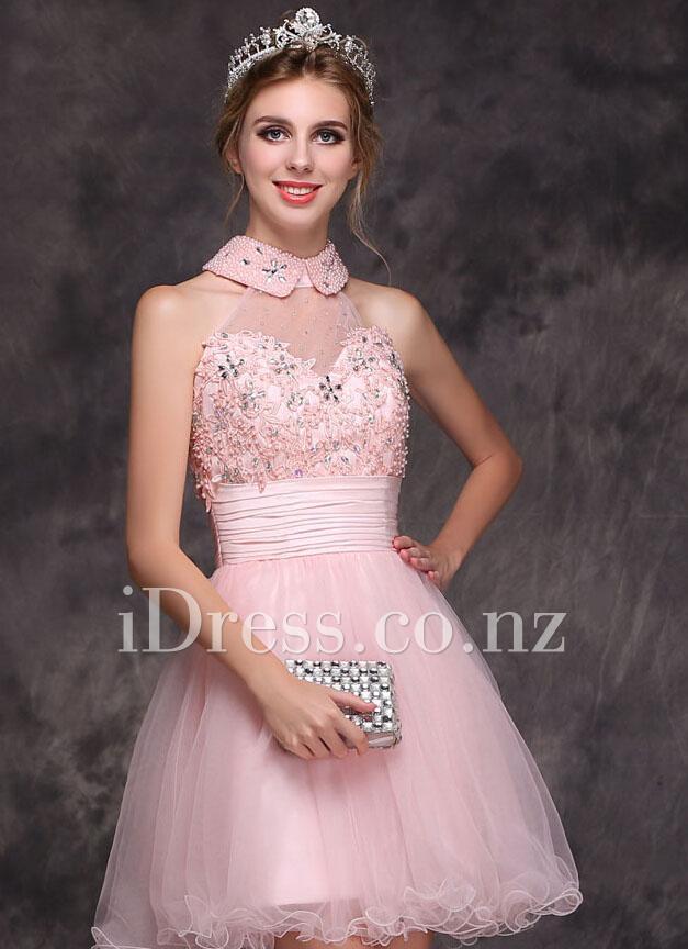 Hochzeit - Candy Pink Beaded Halter Neck Sleeveless Short Cocktail Dress