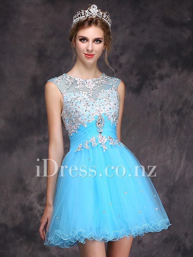 Свадьба - Sparkly Beaded Sleeveless Pool Blue Tulle Short Cocktail Dress with Keyhole Back