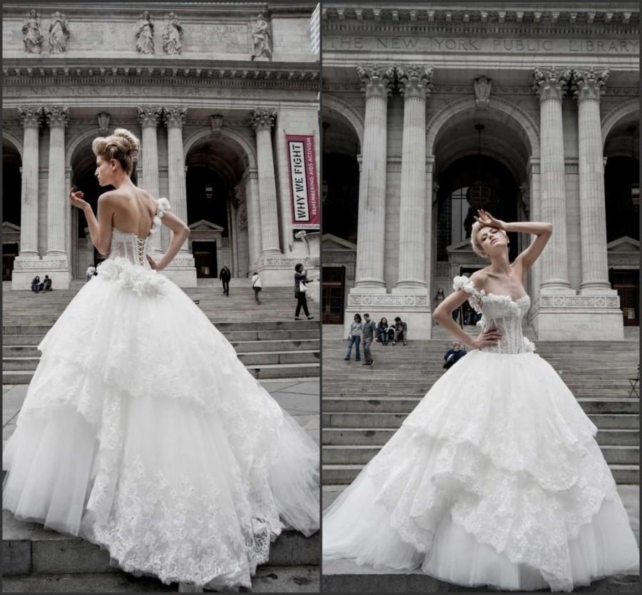 Hochzeit - Elegant One Shoulder Wedding Dresses 2015 Newest Lace Tiers Pnina Tornai Appliques Wedding Ball Flower Tulle Bodice Bridal Gowns See Through, $120.95 