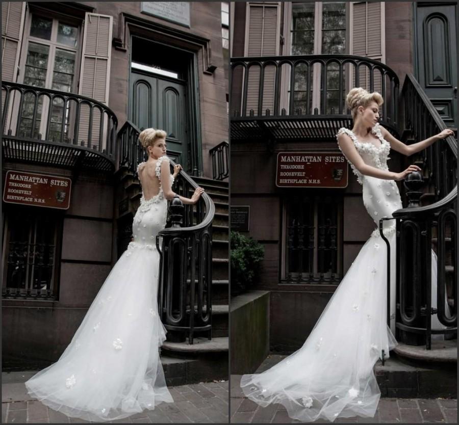 زفاف - 2015 Sexy Spring Backless Fishtail White Wedding Dresses Pnina Tornai Appliques Tulle Sweep Spring Spaghetti Custom Bridal Gowns Party, $120.14 