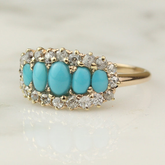 زفاف - Victorian 14k Rose Gold Turquoise and 5 Stone Diamond Engagement Ring / .8 carats