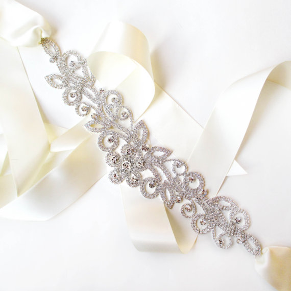 زفاف - Rhinestone Encrusted Vine Jeweled Sash - Ivory White Satin Ribbon - Silver and Crystal Extra Wide Wedding Dress Belt - Floral Belt