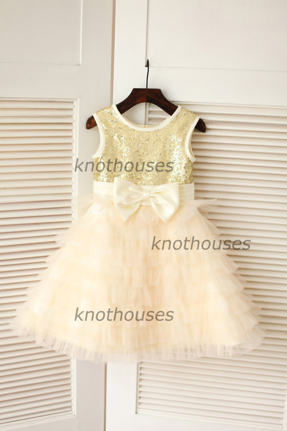 Wedding - Gold Sequin//Champagne Tulle Big Bow Cupcake Flower Girl Dress Children Toddler Party Dress for Wedding Junior Bridesmaid Dress