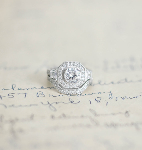 زفاف - Silver Art Deco Ring - Sterling Silver Ring - CZ Wedding Set - Cubic Zirconia Ring - Vintage Style Ring - Engagement Ring Set - Halo Ring