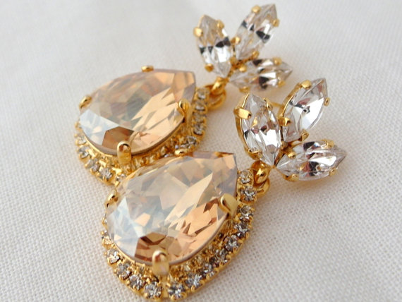 Hochzeit - Champagne and clear Chandelier earrings, Drop earrings, Bridal earrings, Champagne Dangle earrings, Weddings jewelry halo Swarovski earring
