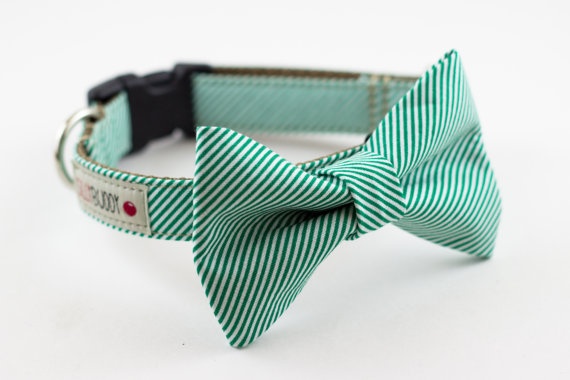 زفاف - Green Seersucker Bow Tie Dog Collar
