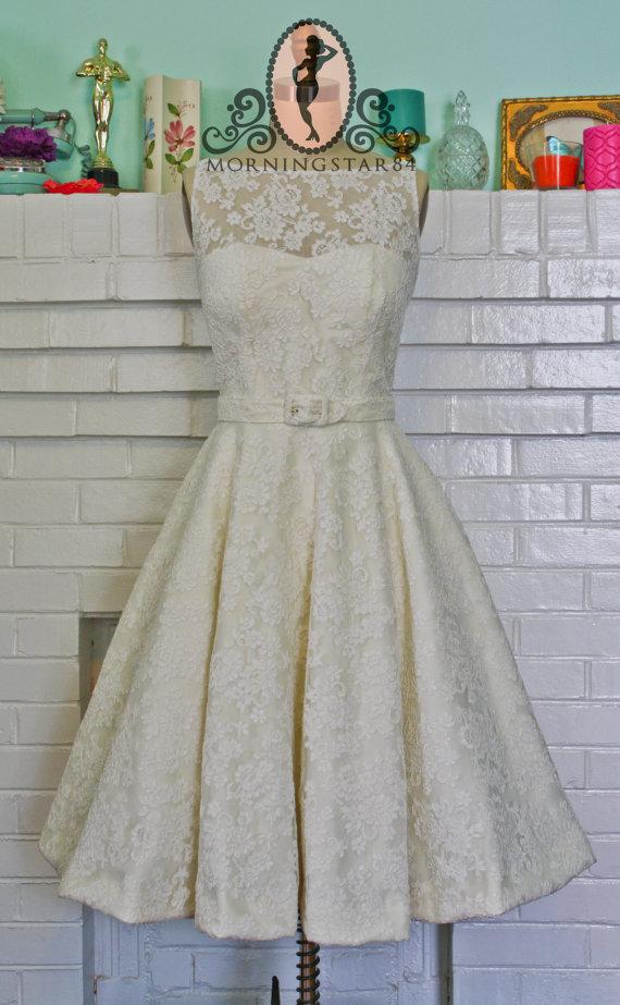 Hochzeit - Audrey Wedding Dress-Oscar Dress In Lace-Short Wedding Dress--1950s Bridal-Bespoke Custom made to size