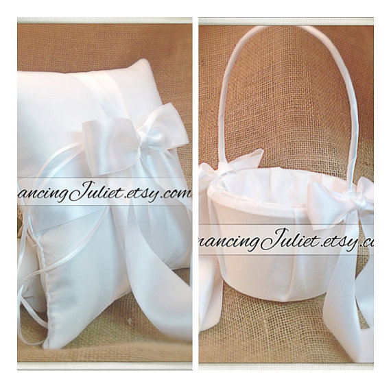 زفاف - Custom Colors Flower Girl Basket and Ring Bearer Pillow Set...You Choose The Colors..shown in white/white 