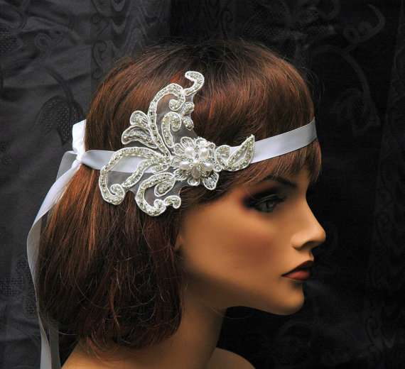Свадьба - Beaded Wedding Headpiece, Bridal Rhinestone Hair Piece, Lace Headpiece, 1920s Headpiece, Wedding Accessories