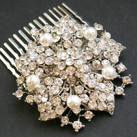 زفاف - Crystal Pearl Wedding Hair Comb, Art Deco Style Rhinestone Flower Bridal Hair Comb, Vintage Wedding Bridal Hair Accessories, MISCHA
