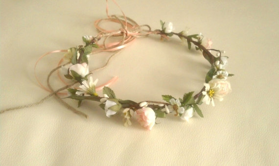 زفاف - Rustic Chic Peach spring wedding hair accessories Woodland Bridal Flower crown hair wreath flower girl halo Barn Country Bride halo