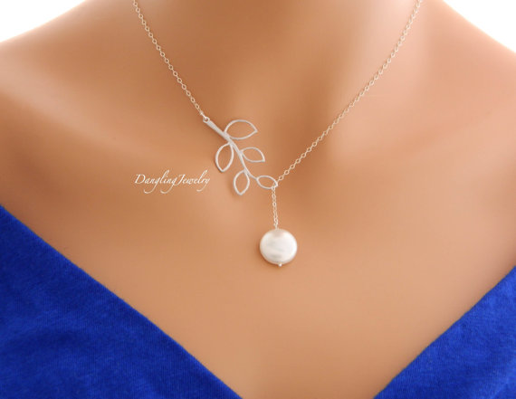Wedding - Bridal Coin Pearl Necklace, Lariat Leaf Necklace, Bridesmaid Gift, Wedding Jewelry, Birthstone Necklace, June Birthstone, Bridesmaid Jewelry