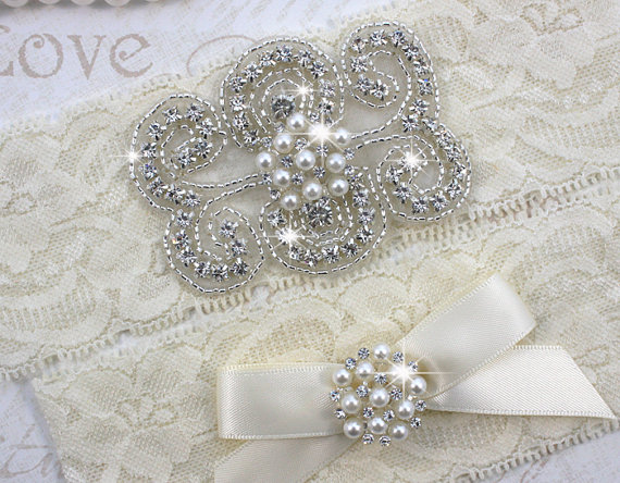 Hochzeit - SALE!! STACY II - Pearl Wedding Garter Set, Wedding Ivory Stretch Lace Garter, Rhinestone Crystal Bridal Garters