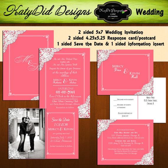 زفاف - INSTANT DOWNLOAD Cottage Lace  5x7 Wedding Invitation & Response Card/Postcard Templates Set Ivory