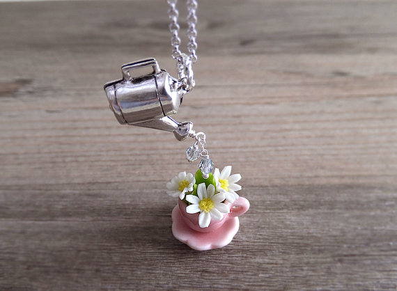 Wedding - Daisy Flowers In a Teacup Jewelry Necklace - Pink Teacup - White Flower Daisies - Silver Watering Can Jewelry