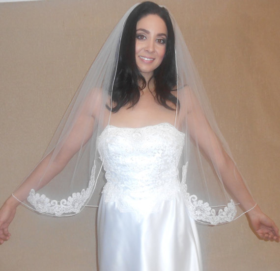 Wedding - White Fingertip Length Wedding Veil with Hand Beaded Lace Applique - READY TO SHIP