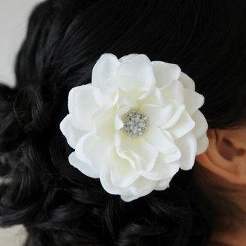Hochzeit - Bridal Antique White Gardenia Flower Fascinator Hair Clip Wedding Head Piece Bride Brooch Pin Silk Flower Floral Headband Rhinestone Crystal