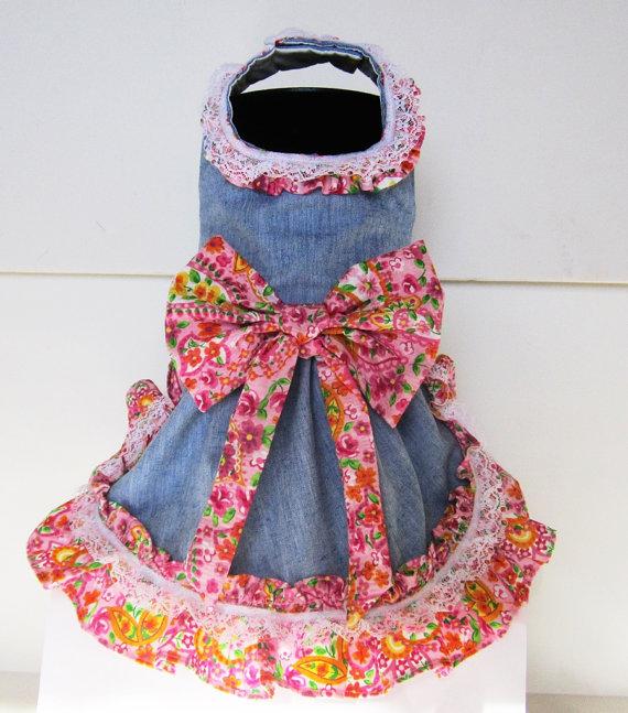 Hochzeit - Dog Dress Puppy Clothes Denim and Lace Cowgirl Country Skirt