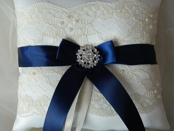 Hochzeit - Wedding Ring Bearer Pillow Navy Blue And Ivory Satin And Lace Ringbearer Pillow
