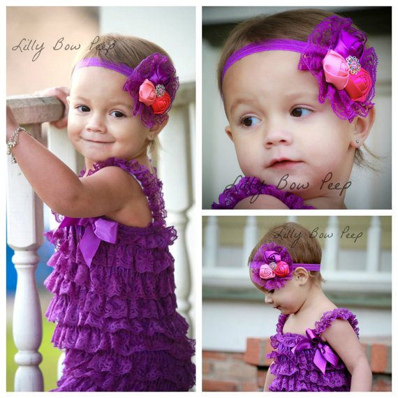 Свадьба - SALE! Purple Lace Petti Romper Headband Set- Flower Girl Dress -Baptism Dress-Baby Girl Clothes-Preemie-Newborn-Infant-Child-Toddler-Wedding