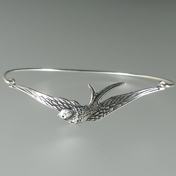 زفاف - Silver Swallow Bangle Bracelet, Silver Bangle Bracelet, Silver Swallow Bracelet, Bridesmaid Jewelry, Silver Bracelet (168S,)