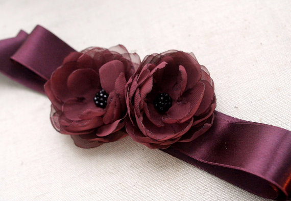 Mariage - Bridal Flower Sash, Wedding Dress Accessories, Bridal Gown Flower Sash, Wedding Sash Belt, Chiffon Peonies Sash, Burgundy, Cranberry, Garnet