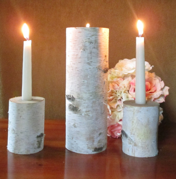 Mariage - Birch Bark Unity Candle and Two 4 inch Tall  Candle Holders Rustic Wedding Birch Candle Ceremony