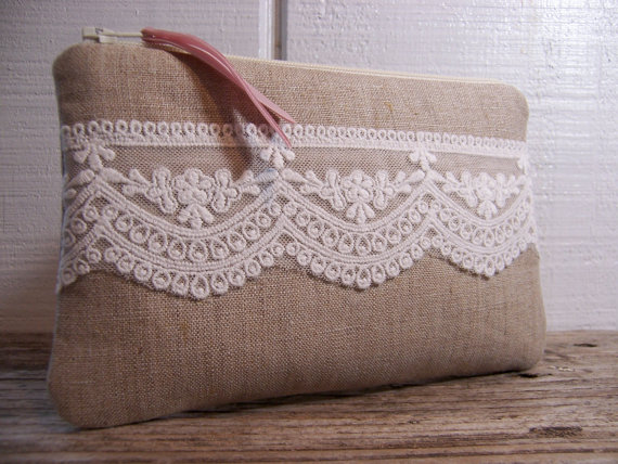 Wedding - Small Clutch in linen fabric with pretty white lace very romantic bag , wedding purse . Would be great for a night out or for cosmetics.