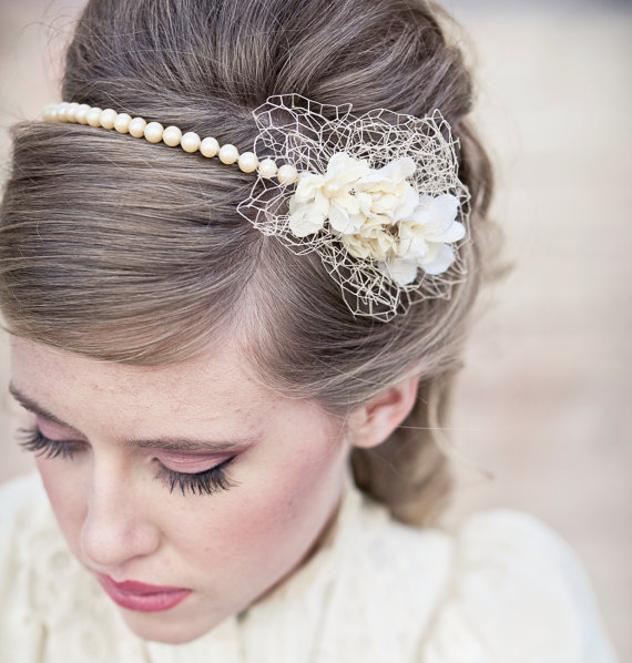 زفاف - Wedding Hair Vintage Romance Pearl Headband or Wedding Tiara with Birdcage Netting, Pearl Wedding Headband, Vintage Bridal Headpiece