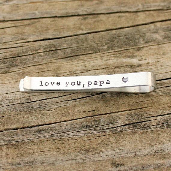 Свадьба - Tie Bar, Hidden Message on back of tie for husbands, groomsmen, fathers, sons, hand stamped, custom