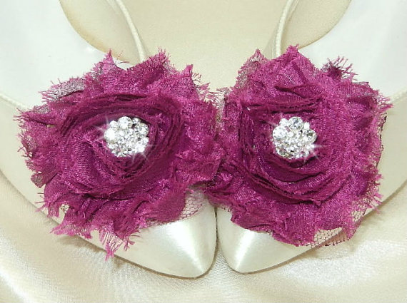 Hochzeit - Eggplant or Plum Purple Wedding Shoe Clips with Rhinestone Accent Shabby Rose