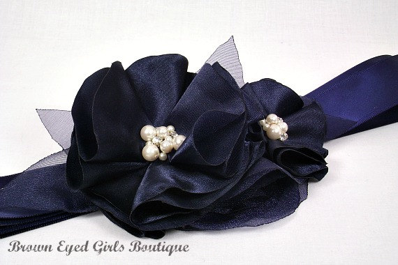 Wedding - Navy Blue Bridal Sash, Blue Wedding Sash, Navy Wedding Belt, Blue Bridal Belt -Navy Blue Flowers